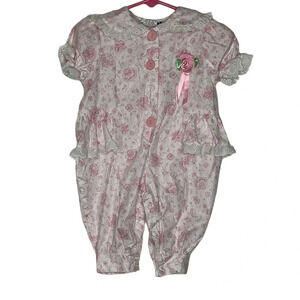Vintage Doe spun baby girls white pink floral romper eyelet trim sz 3-6m